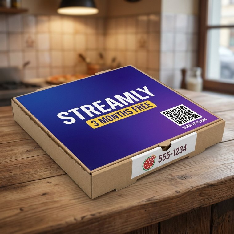 DoughReach pizza box with a printed ad on the lid