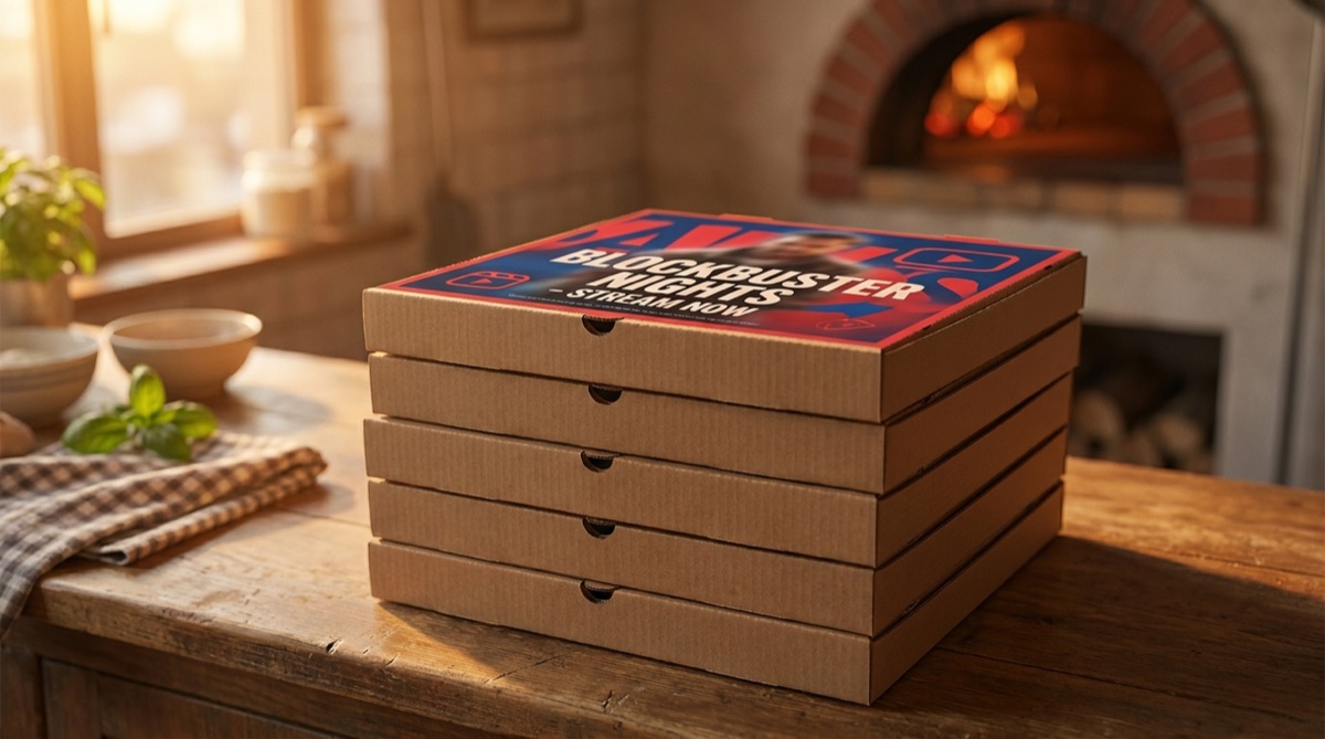 Stacked pizza boxes with a streaming-service box-top ad