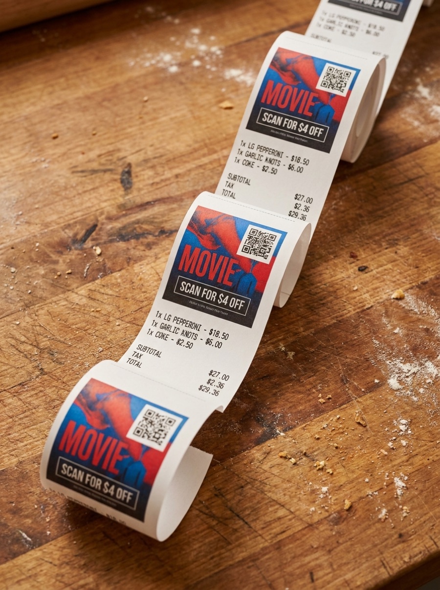 Receipt tape ad repeating every 6 inches down the roll